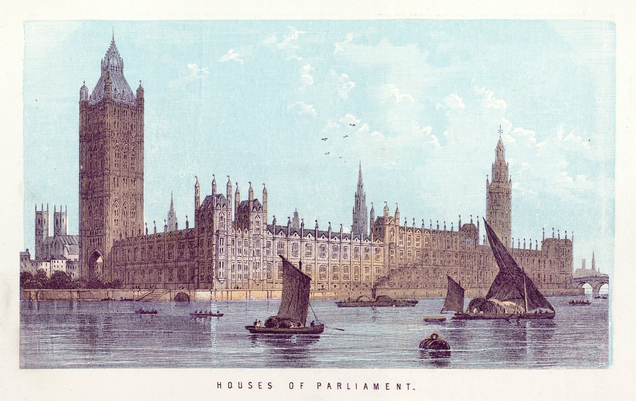 Themsen: Houses of Parliament (farget gravering) av English School