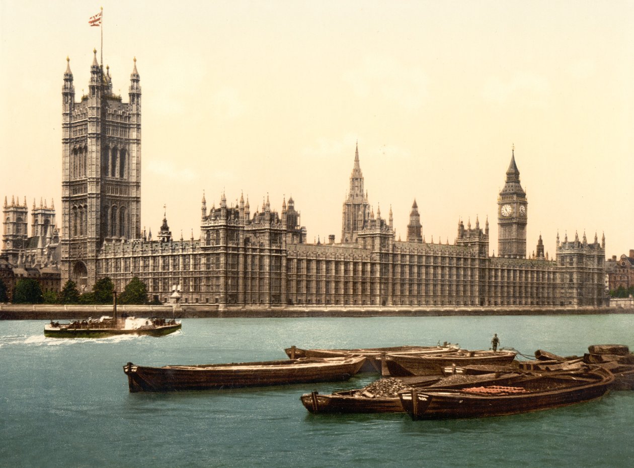 The Houses of Parliament, London (håndfarget bilde) av English School
