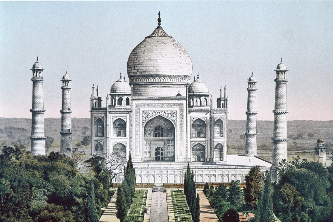 Taj Mahal i Agra (farge litho) av English School