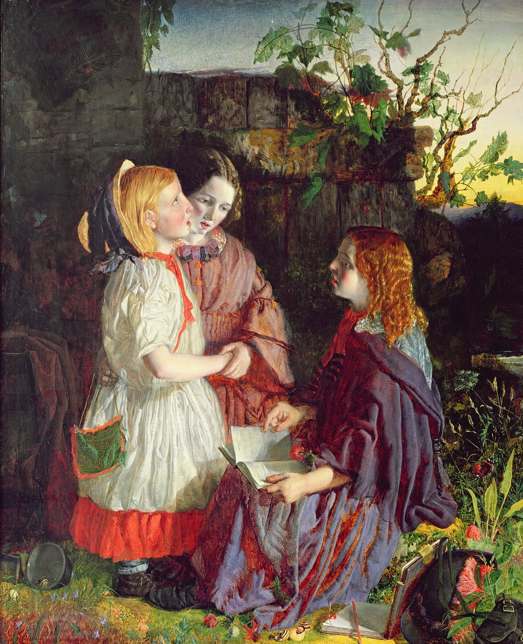 Tre unge jenter i et landskap, ca. 1860 av English School