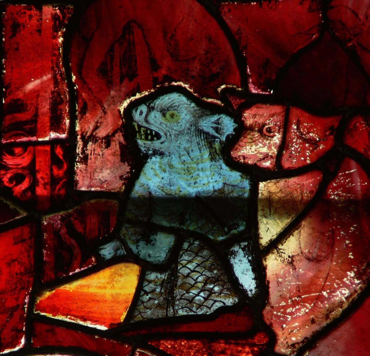 Window depicting two devils  av English School