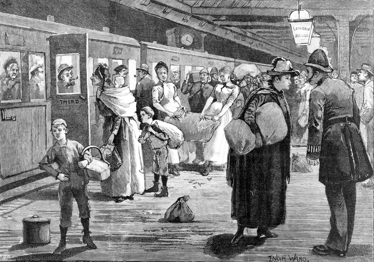Humleplukkere som starter fra London Bridge jernbanestasjon ved midnatt, 1891 av Enoch Ward