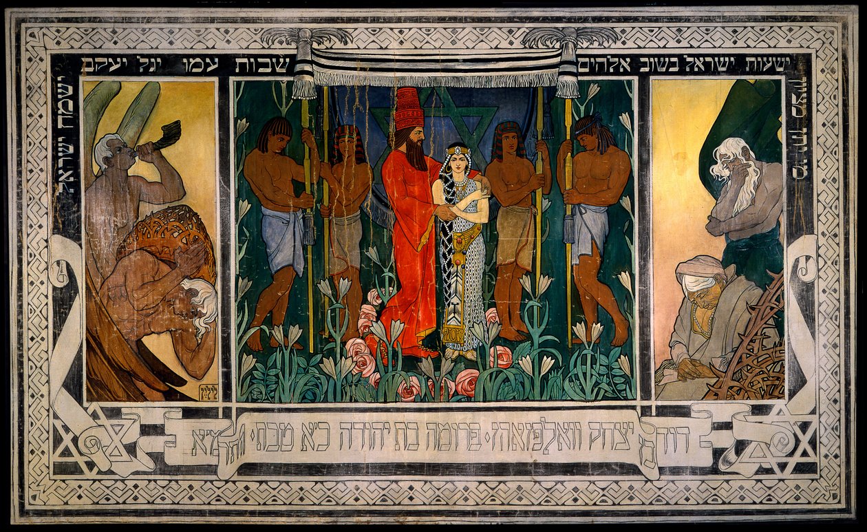 Et allegorisk bryllup- skisse for et teppe dedikert til Mr. og Mrs. David Wolffsohn Triptych (fra ... av Ephraim Moses Lilien