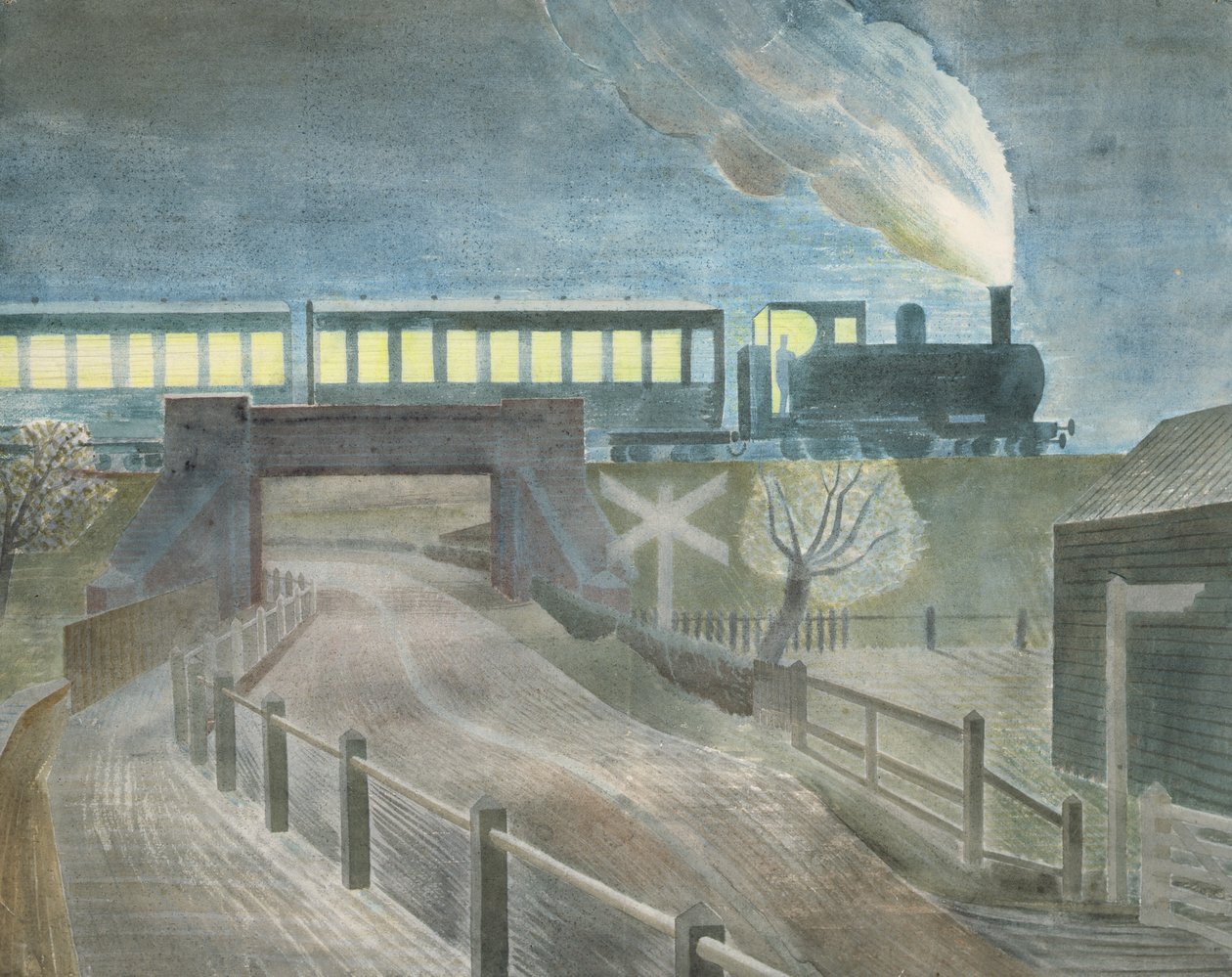 Tog går over en bro om natten av Eric Ravilious