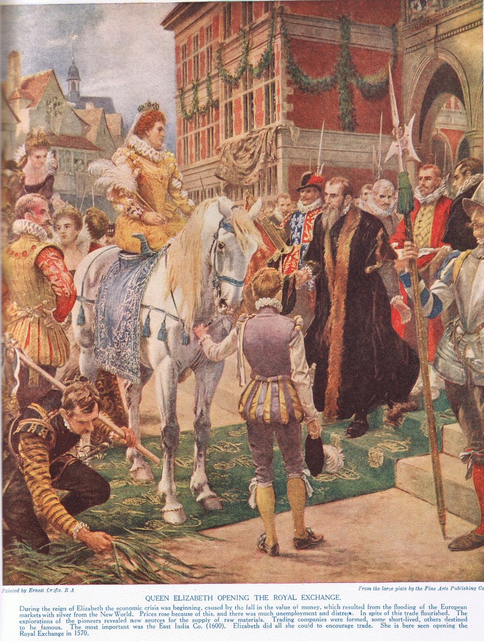 Dronning Elizabeth I åpnet Royal Exchange i 1570, illustrasjon fra Hutchinsons 'Story of the British Nation' av Ernest Crofts