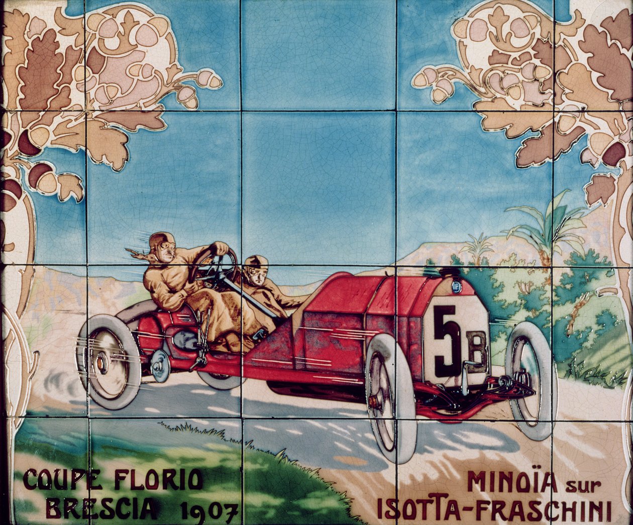 Minoia kjører en Isotta Fraschini-bil i Florio Brescia Cup i 1907: keramiske fliser produsert av Gilardoni Fils et Cie i Paris, etter en tegning av Ernest Montaut (1877-1909), 1908-10 av Ernest Montaut