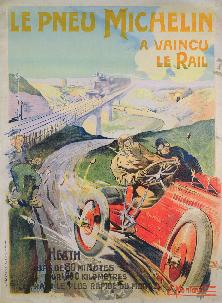 Plakatannonsering 'Michelin-dekk er raskere enn jernbane!' av Ernest Montaut