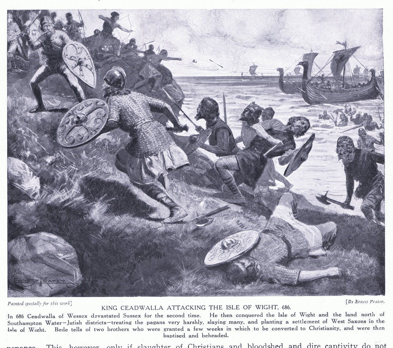 Kong Ceadwalla angriper Isle of Wight AD686, 1920-tallet av Ernest Prater