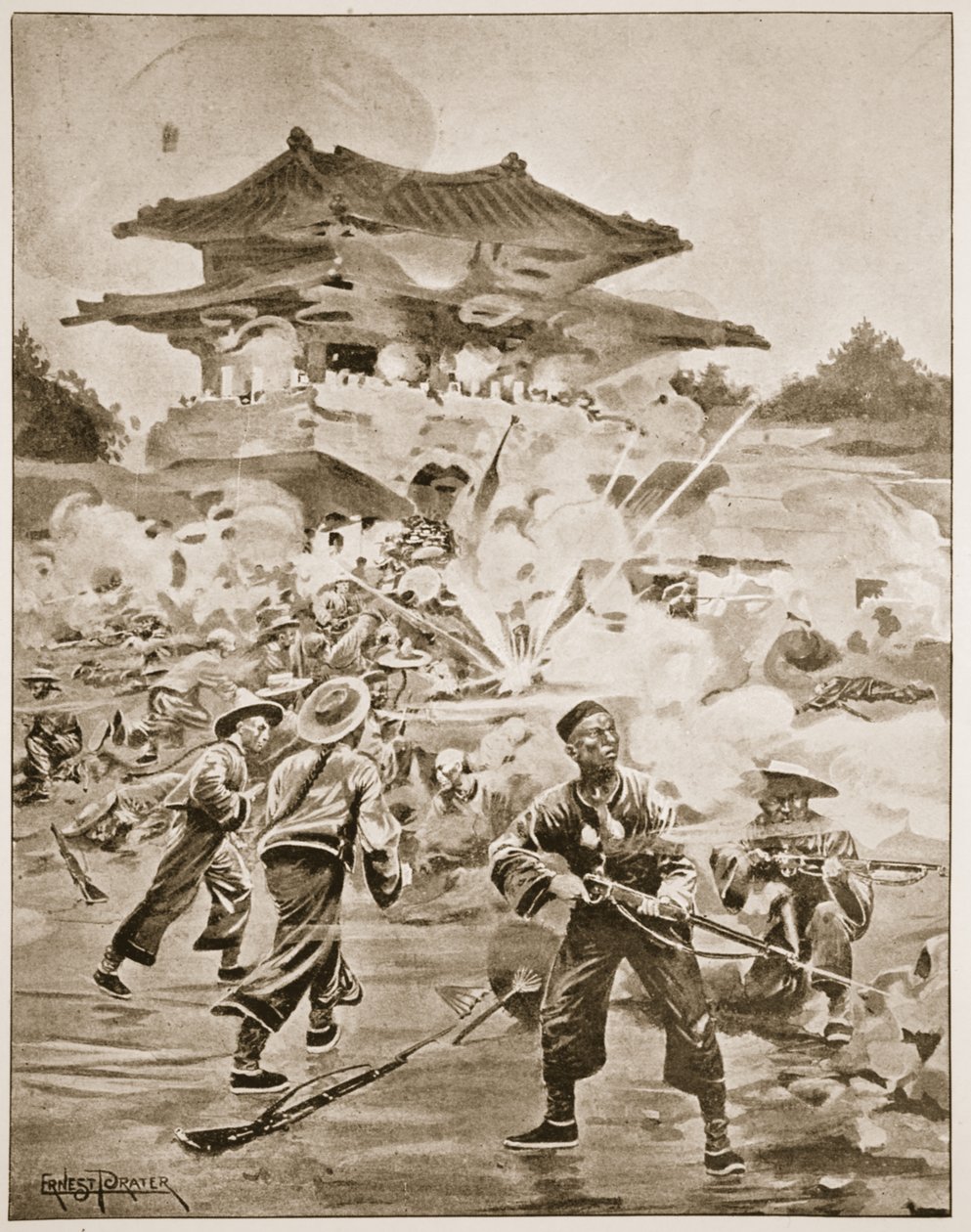 Den kinesisk-japanske krigen, slaget ved Ping Yang: en kamp for de ytre fortene, illustrasjon fra 