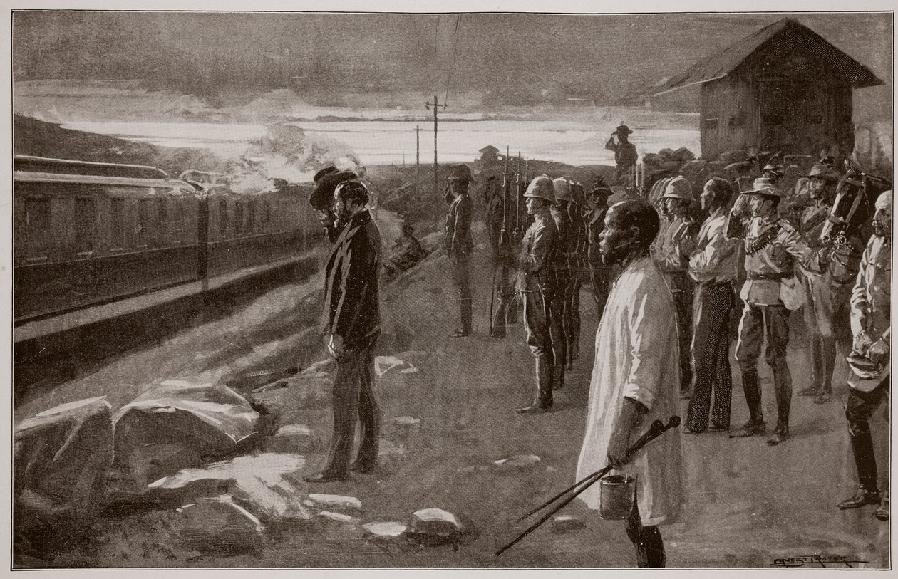 Toget som formidler restene av Mr. Rhodes hilsen av Blockhouse-vaktene på vei til Matopos-åsene av Ernest Prater