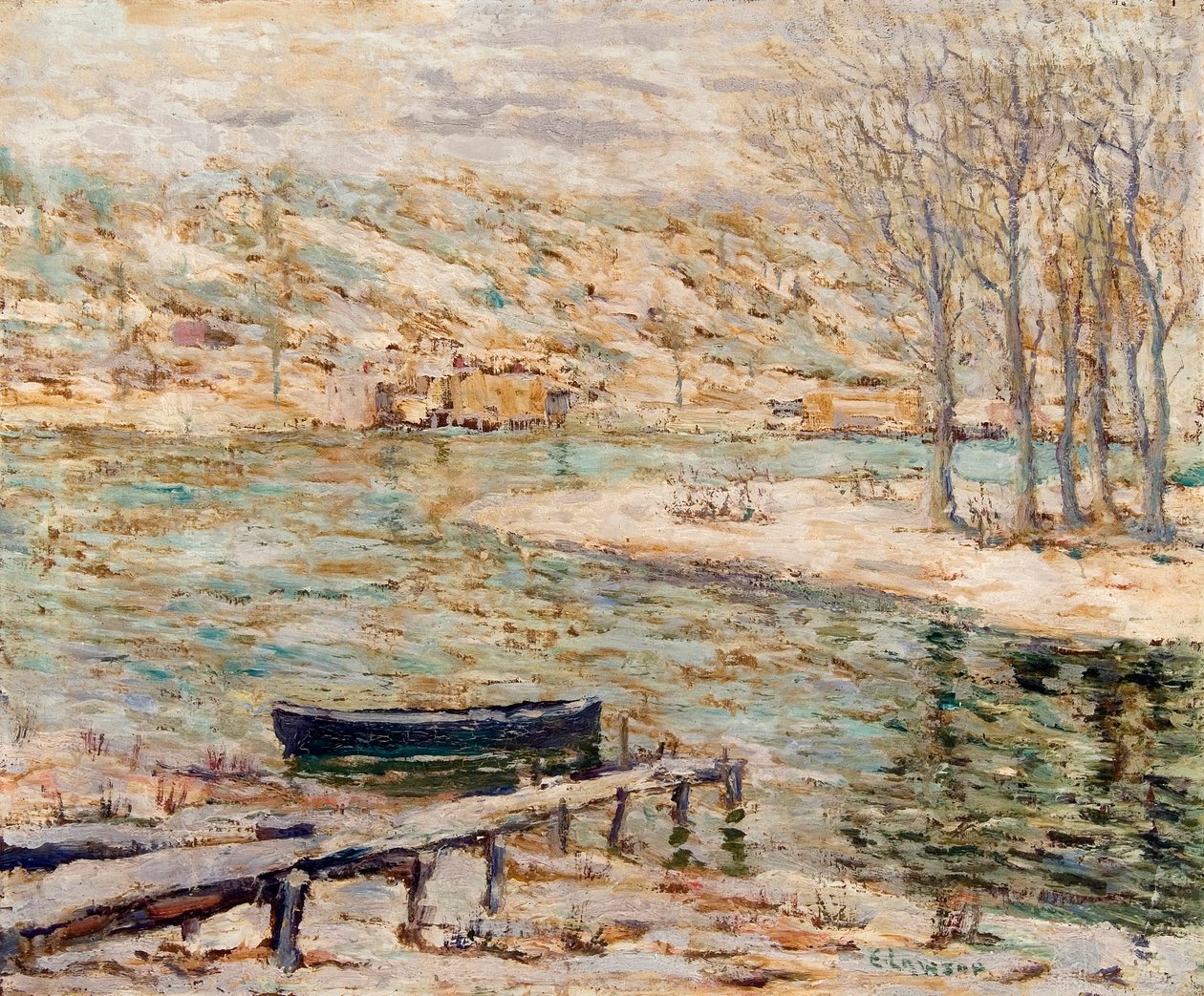 Elvescene – Båt og trær av Ernest Lawson