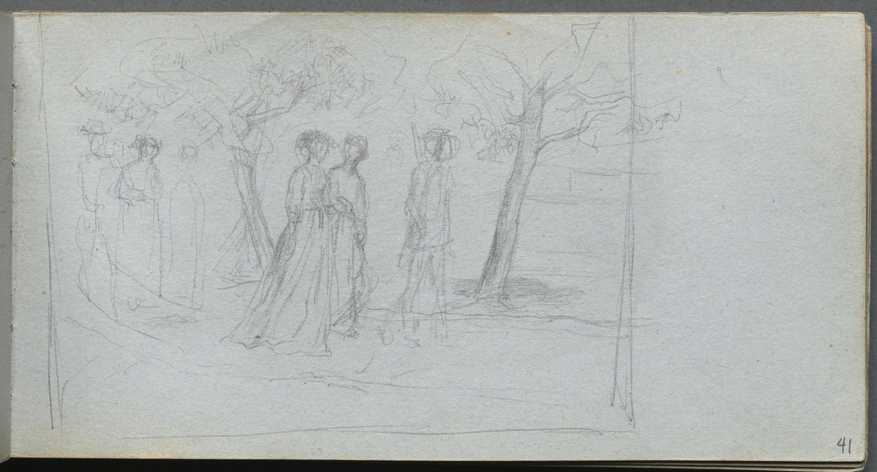 Skissebok, side 41: Figurer i et landskap. av Jean Louis Ernest Meissonier