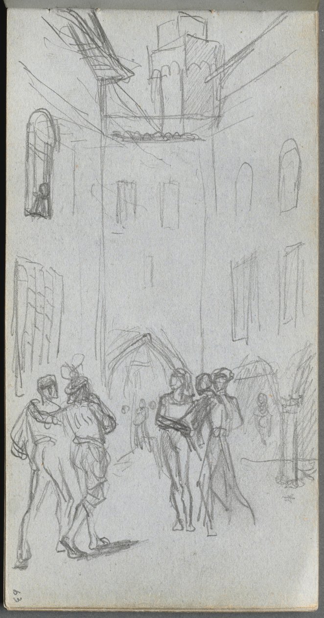 Skissebok, side 63: Figurer i en gårdsplass av Ernest Meissonier