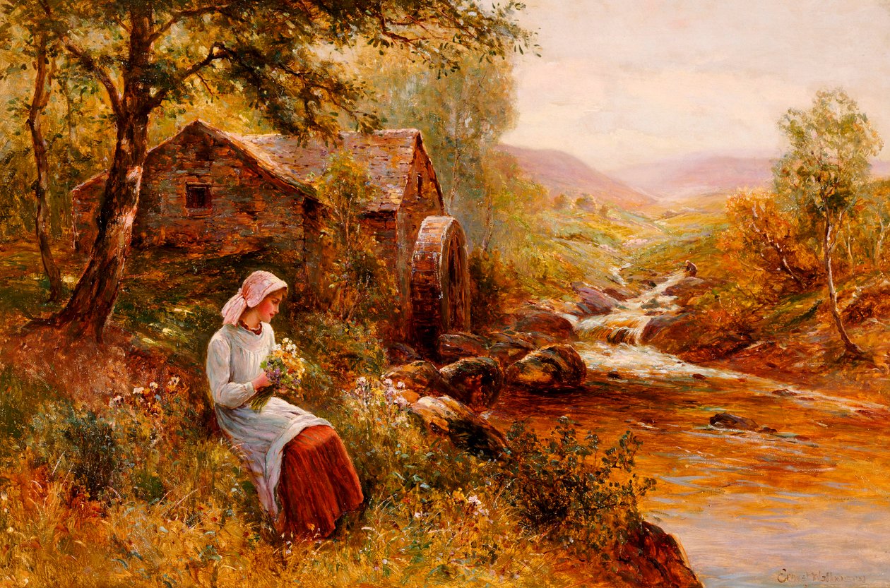 En ung jente plukker vårblomster av Ernest Walbourn