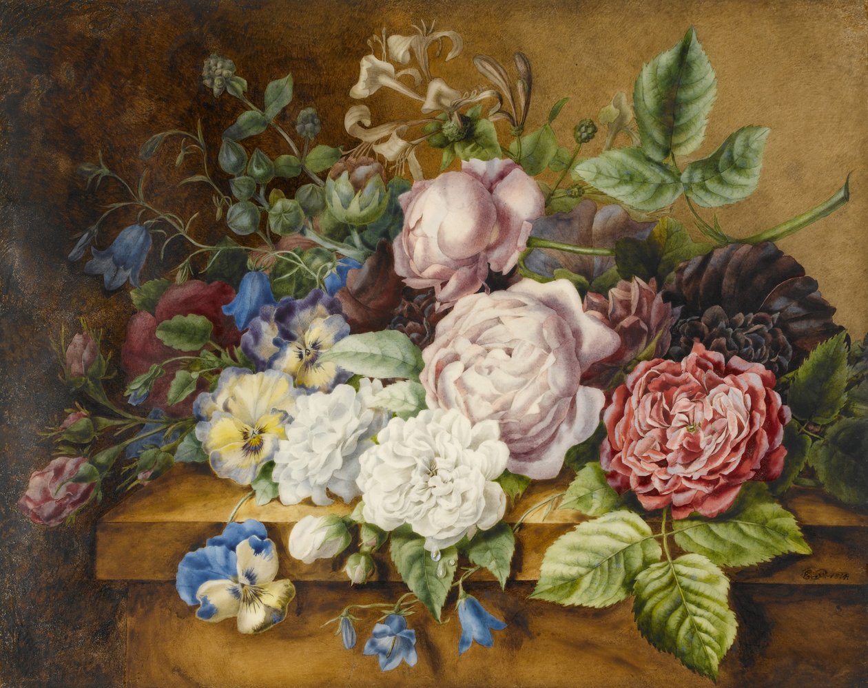 Flowers on a Ledge, 1814 (wc og kroppsfarge på papir) av Ernestine Panckoucke