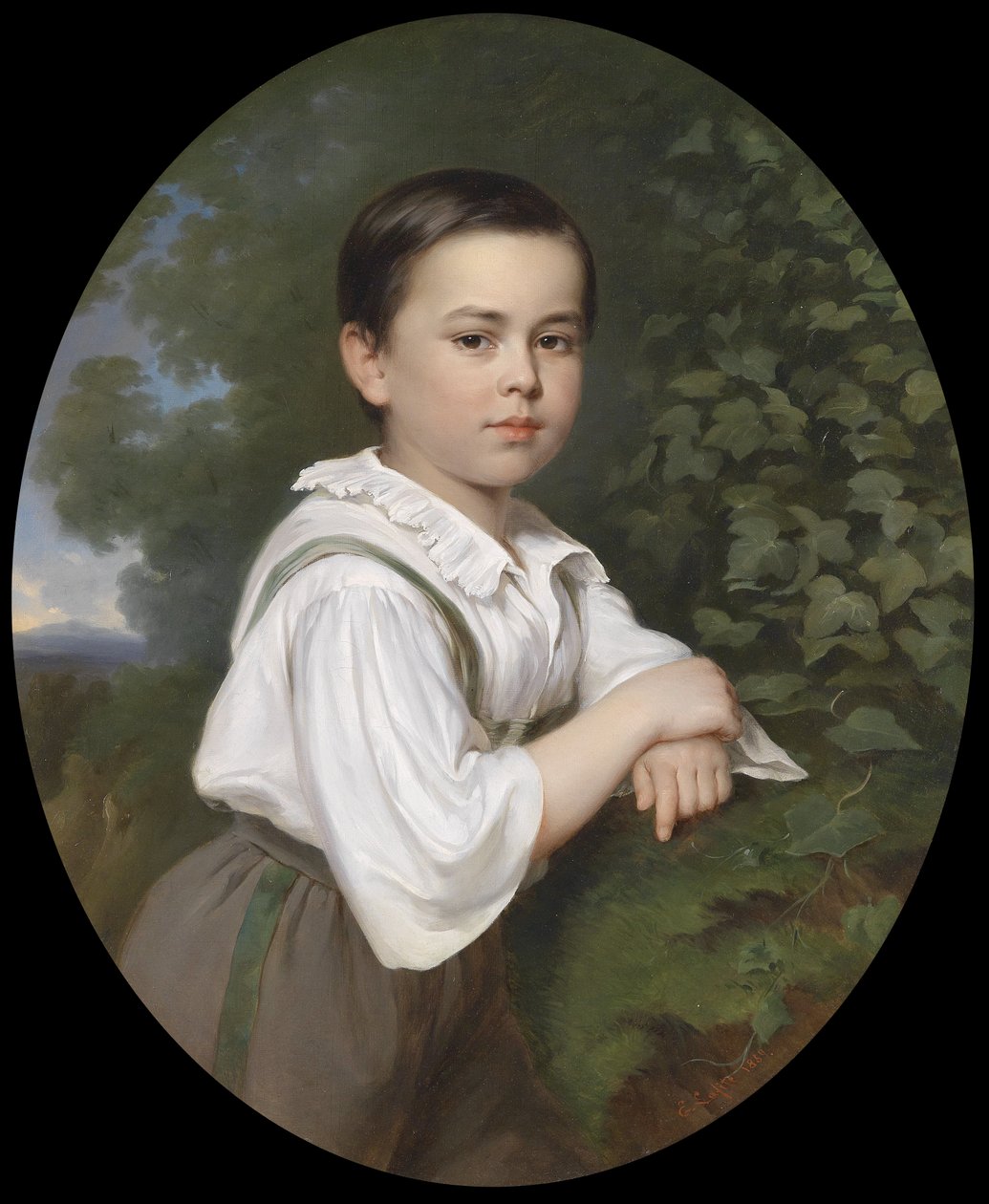 Portrett av en gutt foran en landskapsbakgrunn av Ernst Lafite