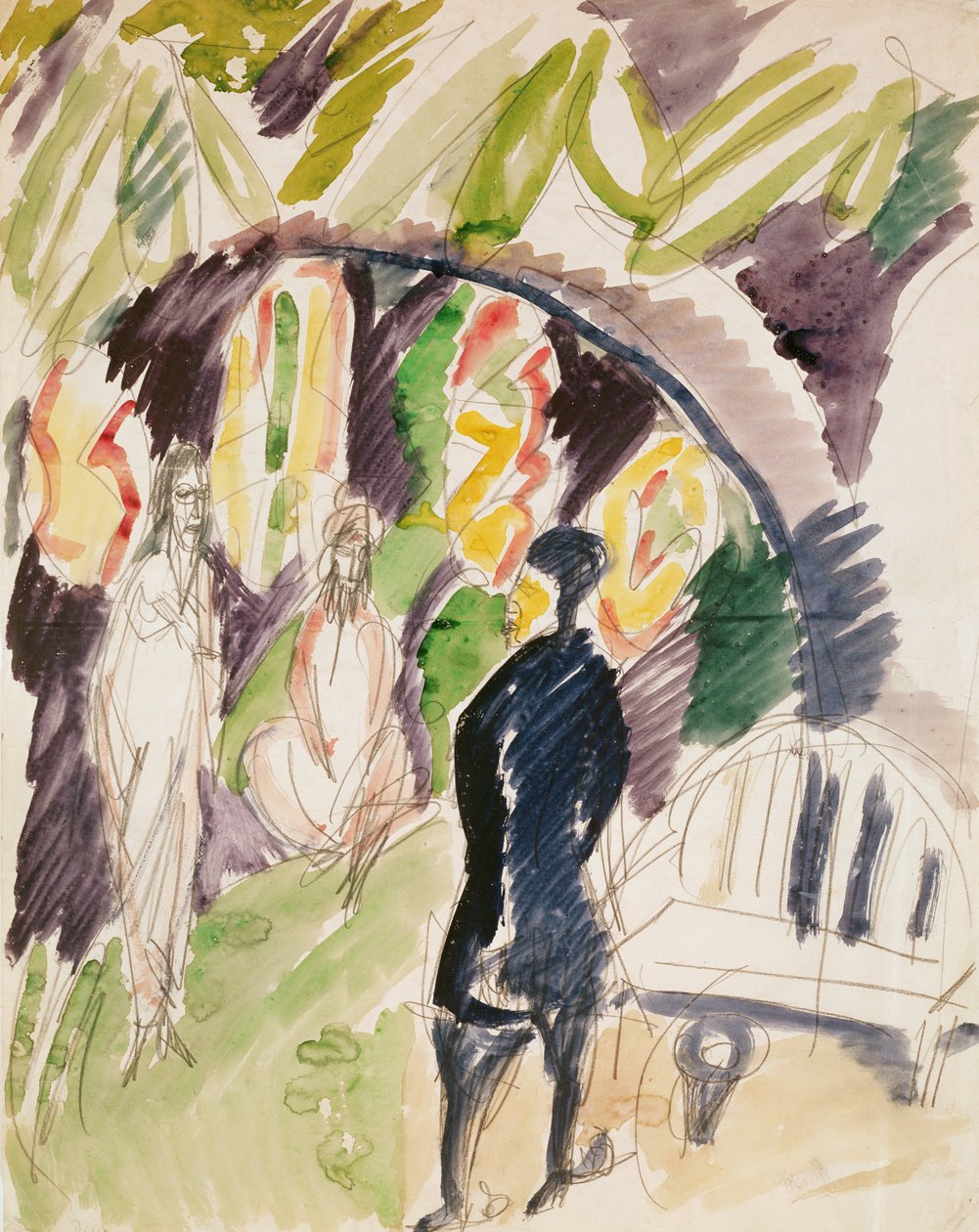 Divan (sofa) 1912-14 (wc og blyant på papir) av Ernst Ludwig Kirchner