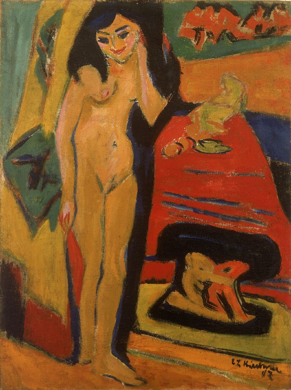 Naken jente bak gardin av Ernst Ludwig Kirchner