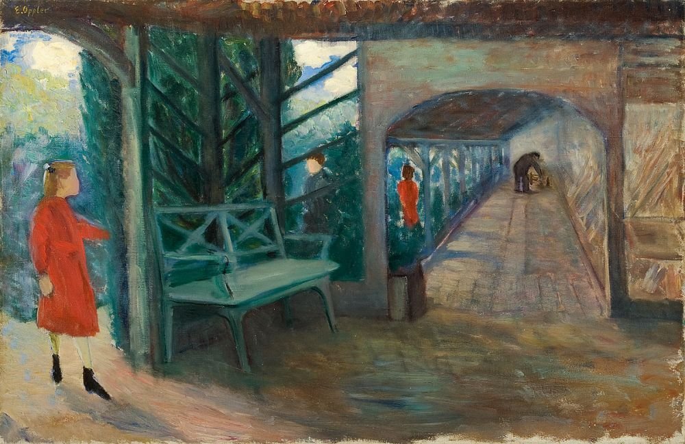 Tre jenter i arkaden Three Girls in the Access Balcony av Ernst Oppler