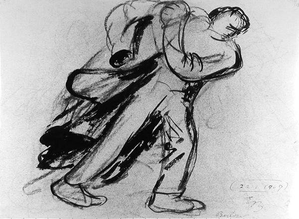 Mann tar på seg frakken av Ernst Barlach