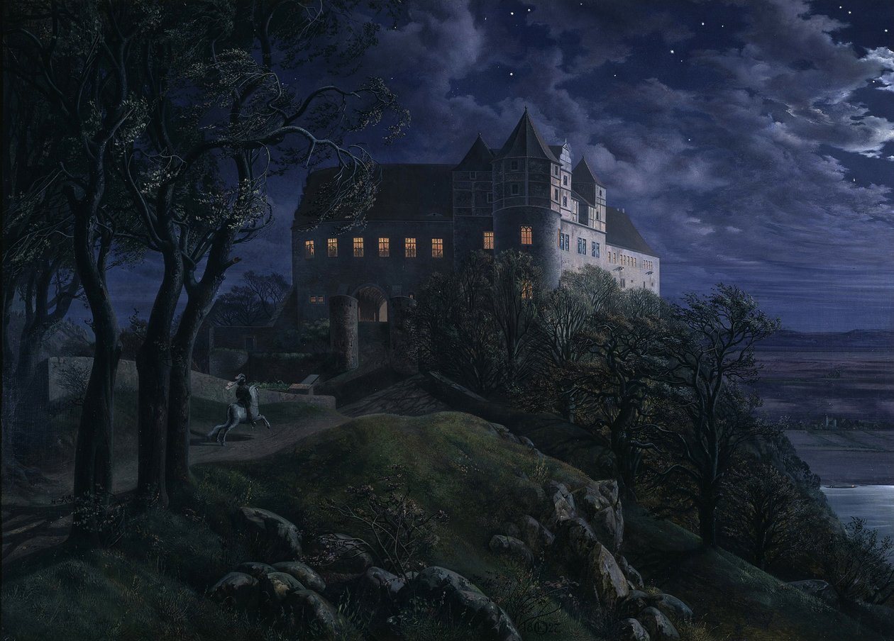 Slott Scharfenberg om natten, 1827 av Ernst Ferdinand Oehme