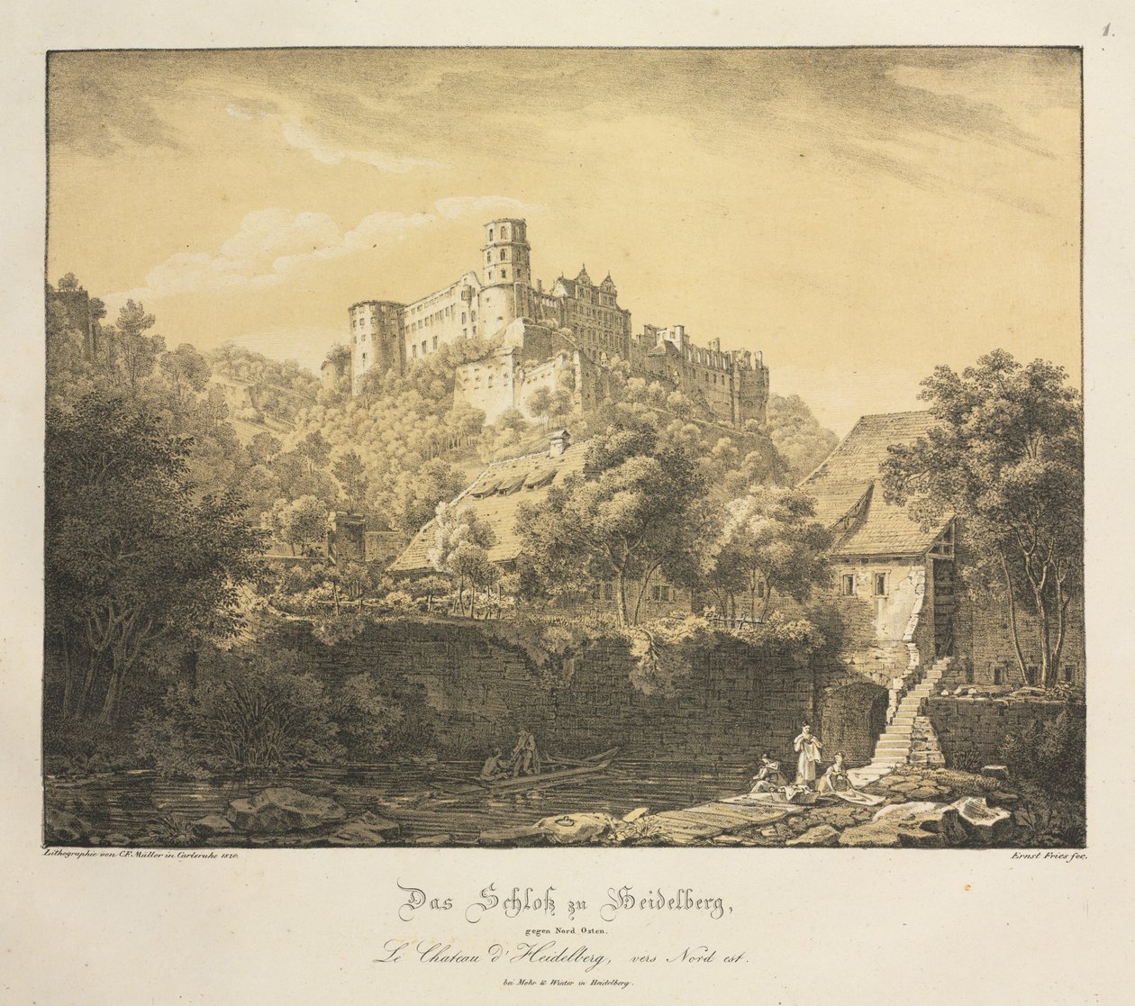 Seks utsikt over Heidelberg slott: østover, 1820. av Ernst Fries