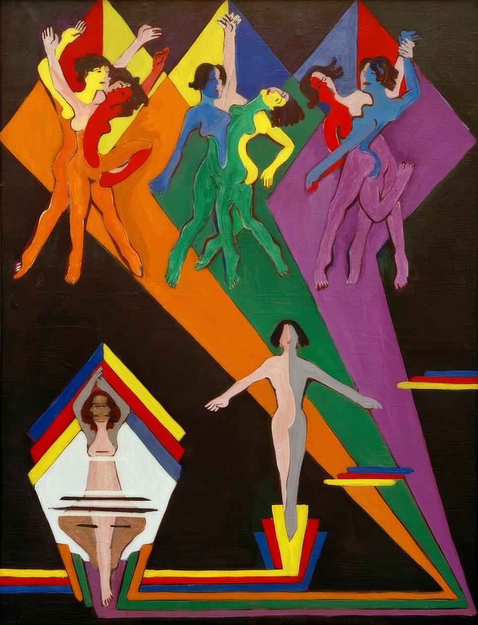 Dansende jenter i fargede stråler av Ernst Ludwig Kirchner