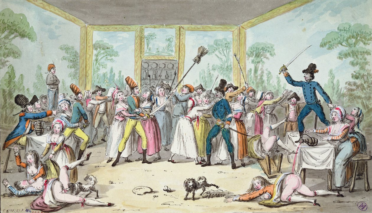Opprørsk scene i en taverna under den franske revolusjonen, ca. 1789 av Etienne Bericourt