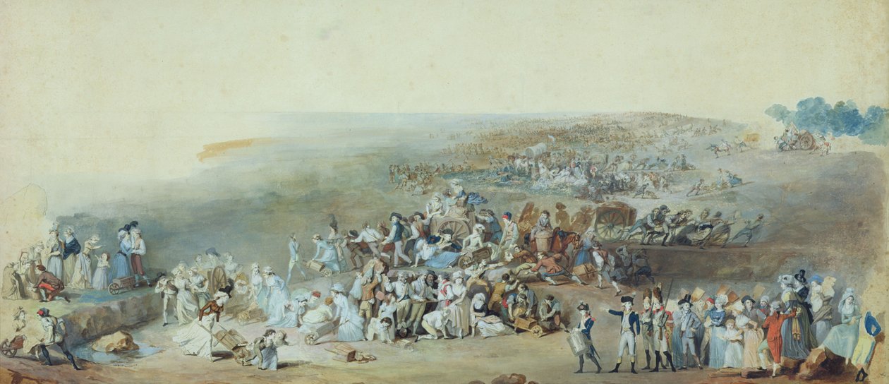 Parisere på Champ de Mars forbereder seg til Fete de la Federation, 14. juli 1790 (penn og blekk og gouache på papir) av Etienne Charles Leguay