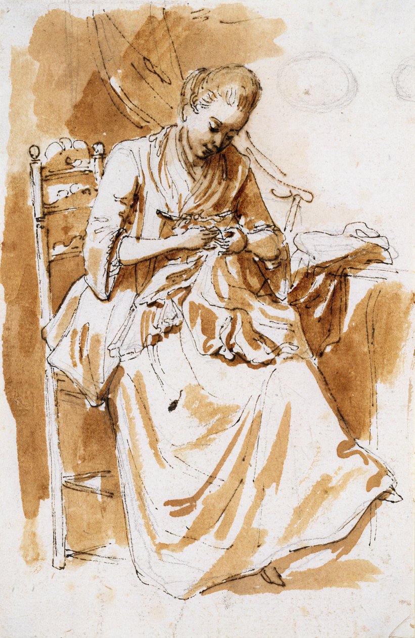 The Embroiderer (wc og blekk på papir) av Etienne de Lavallee Poussin