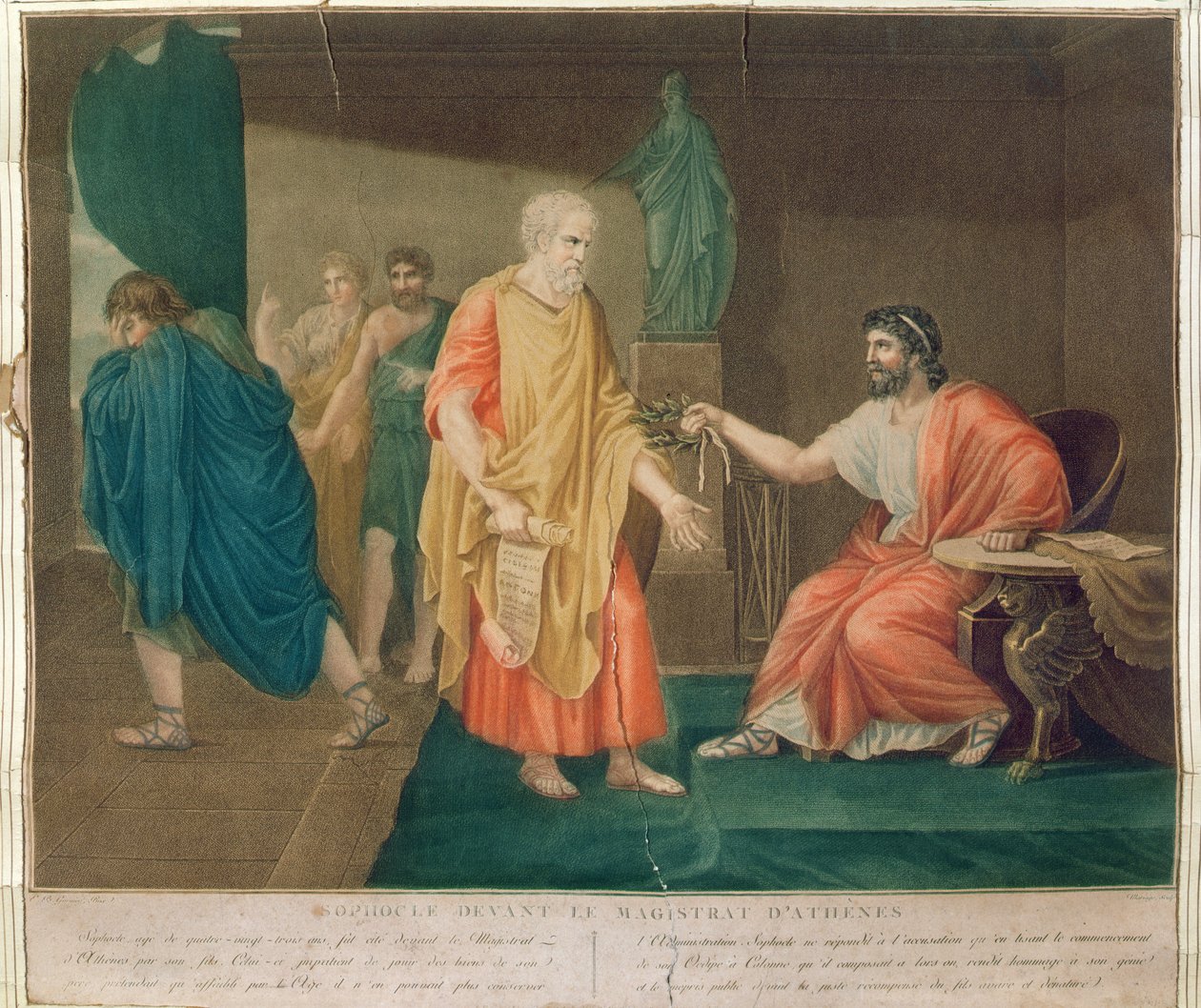 Sofokles (ca. 496-405 f.Kr.) i en alder av 83 år blir hedret med en olivenkrans av den athenske magistraten (fargegravering) av Etienne Barthelemy Garnier