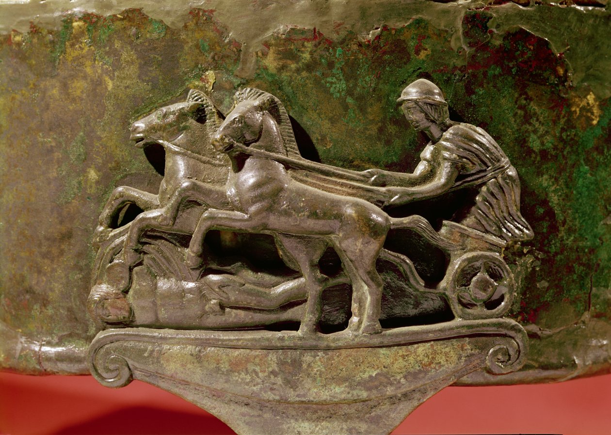 Vogner i sin vogn, detalj fra en cist, 8.-1. århundre f.Kr. (bronse) av Etruscan