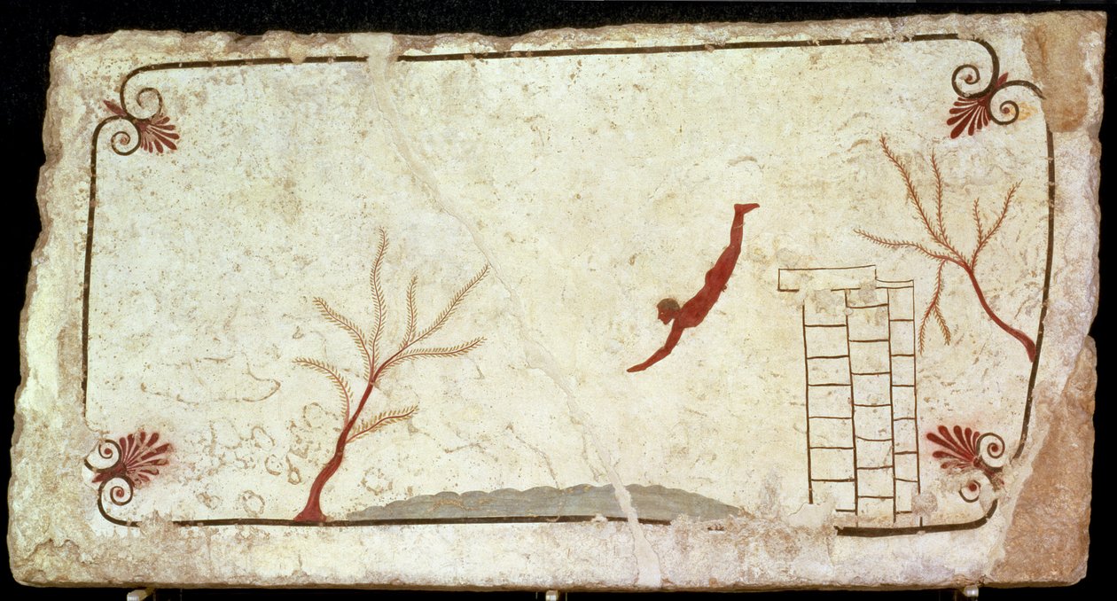 Maleri fra graven til dykkeren fra den sørlige kirkegården på Paestum, 480-470 f.Kr. av Etruscan