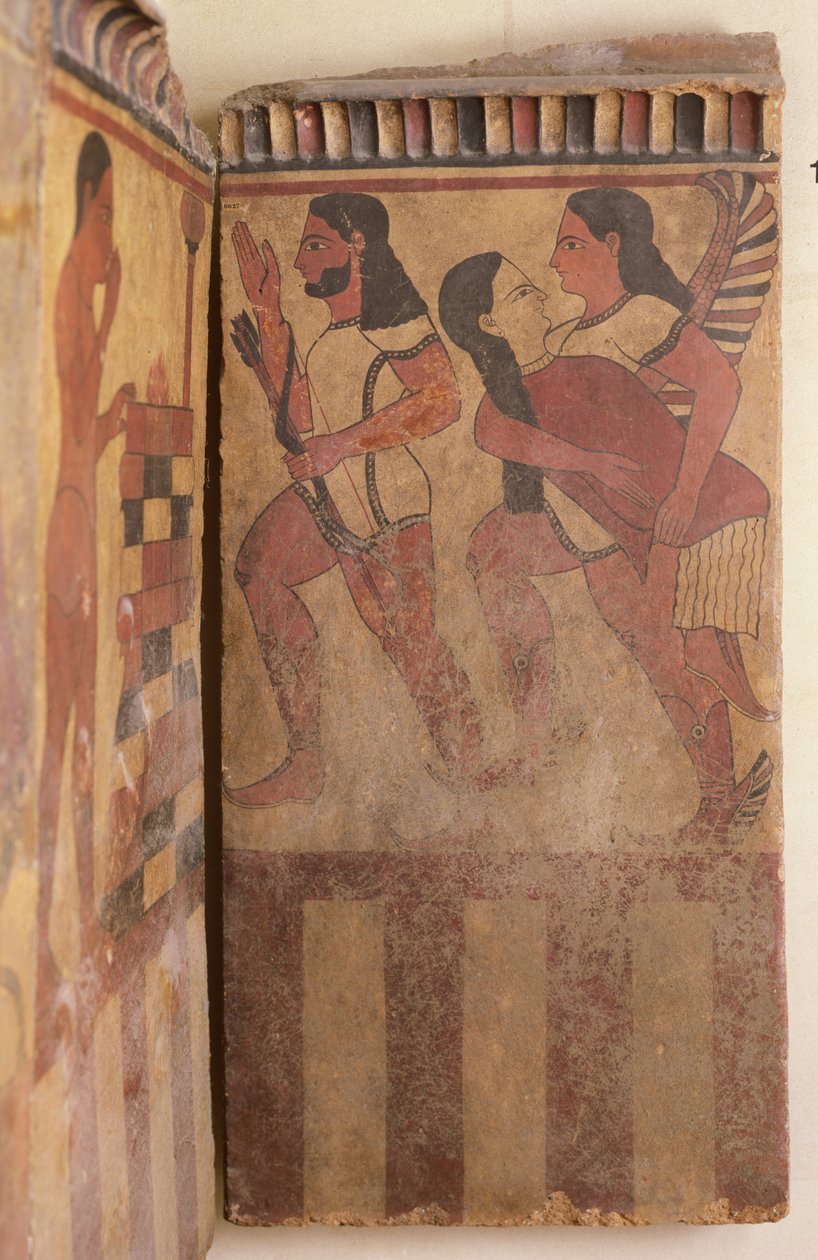 Campana-plaketten, en bevinget ånd bærer av en kvinne akkompagnert av en bueskytter, ca. 550-525 f.Kr. (veggmaleri) (detalj) av Etruscan