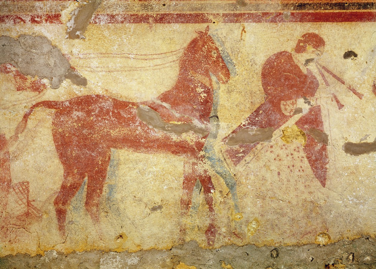 To hester og en musiker, fra Giustiniani-graven, midten av 500-tallet f.Kr. (veggmaleri) av Etruscan