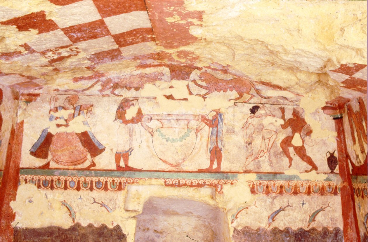 Vegg som viser musikere, dansere og delfiner, fra løvinnenes grav i nekropolis, ca. 520 f.Kr. (veggmaleri) av Etruscan