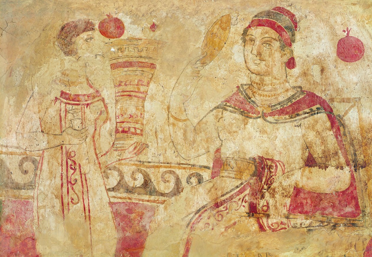 Kvinne på toalettet hennes, begravelsesscene, Samnite Period, 5.-4. århundre f.Kr. (veggmaleri) av Etruscan