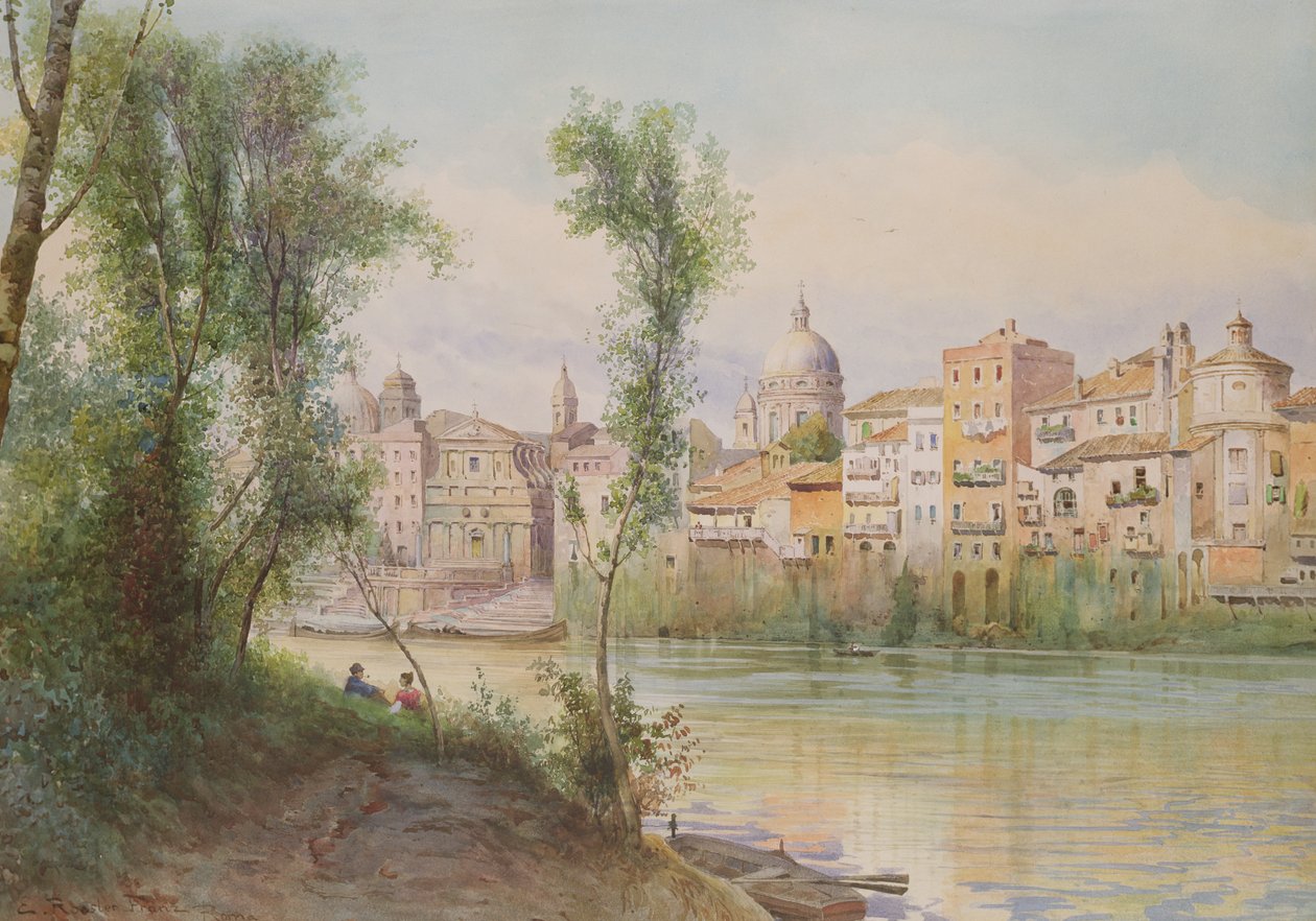 Utsikt over Porto di Ripetta dai Prati, Roma (wc på papir forhøyet med hvitt) av Ettore Roesler Franz
