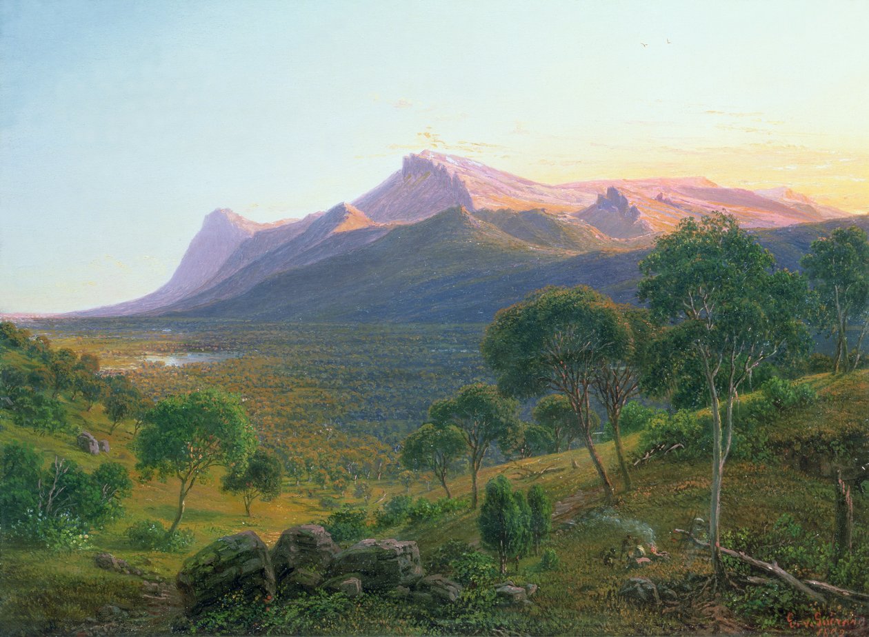 Aborigines by a Fire før Mount William sett fra Mount Dryden i Grampians, Victoria, 1892 (olje) av Eugene von Guérard