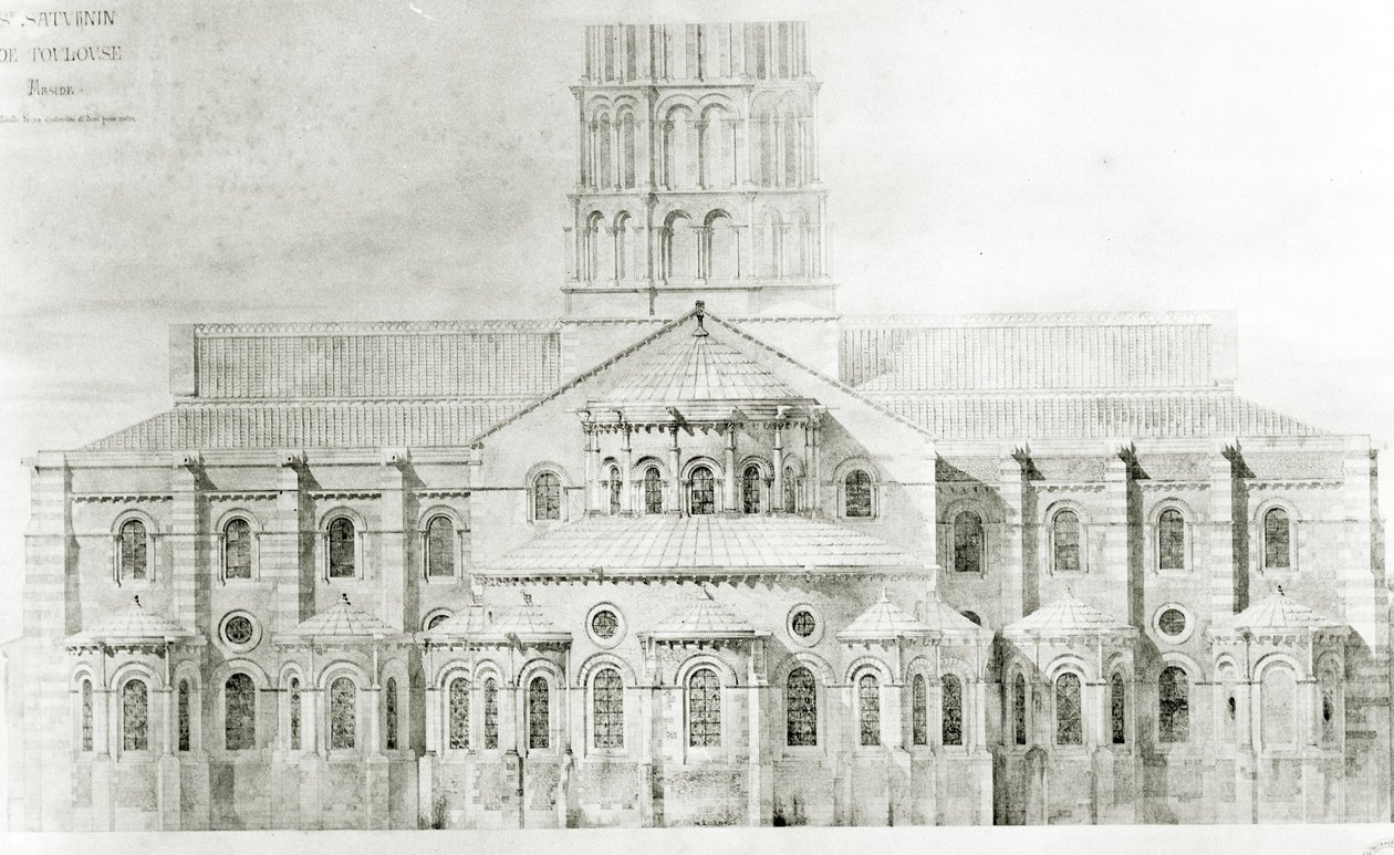 Basilica of St. Sernin, Toulouse (blyant og wc på papir) av Eugene Emmanuel Viollet le Duc