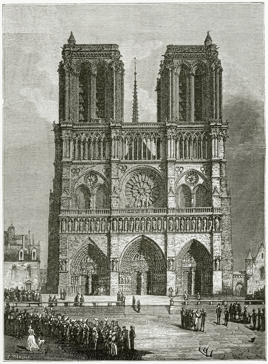 Notre Dame de Paris i 1642 - illustrasjon fra Notre Dame de Paris, 1800-tallet (bw gravering) av Eugene Emmanuel Viollet le Duc