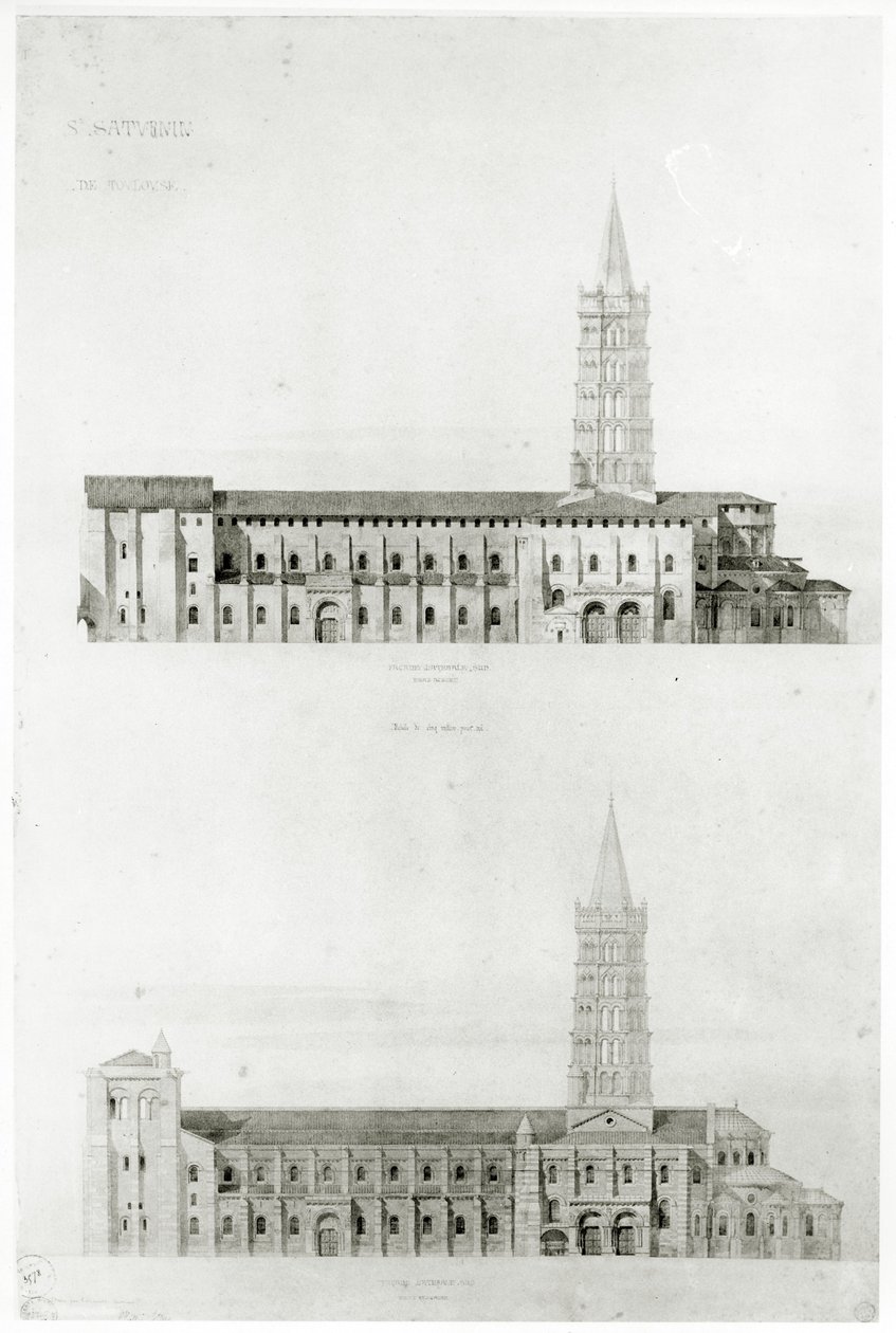 Basilica of St. Sernin, Toulouse (blyant og wc på papir) av Eugene Emmanuel Viollet le Duc