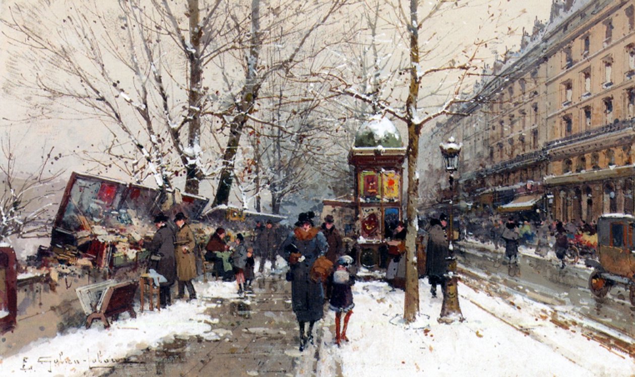 Bokboder i vinter, Paris (gouache og wc på papir) av Eugene Galien Laloue