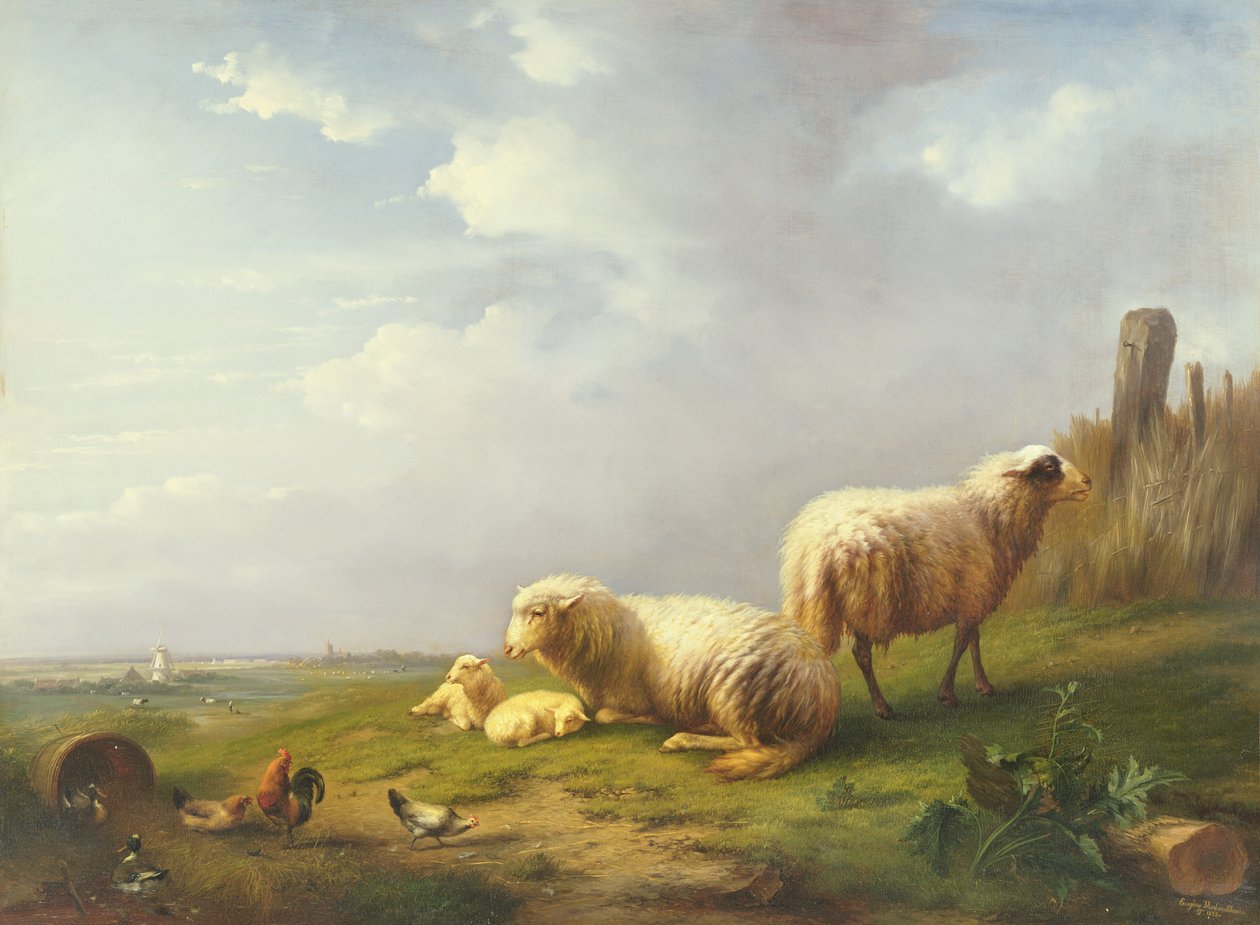 Sauer og høner i et landskap, 1800-tallet av Eugene Joseph Verboeckhoven