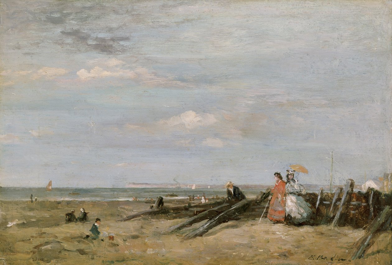 En strandscene ved Trouville, 1860-tallet (olje på kort lagt på panel) av Eugene Louis Boudin