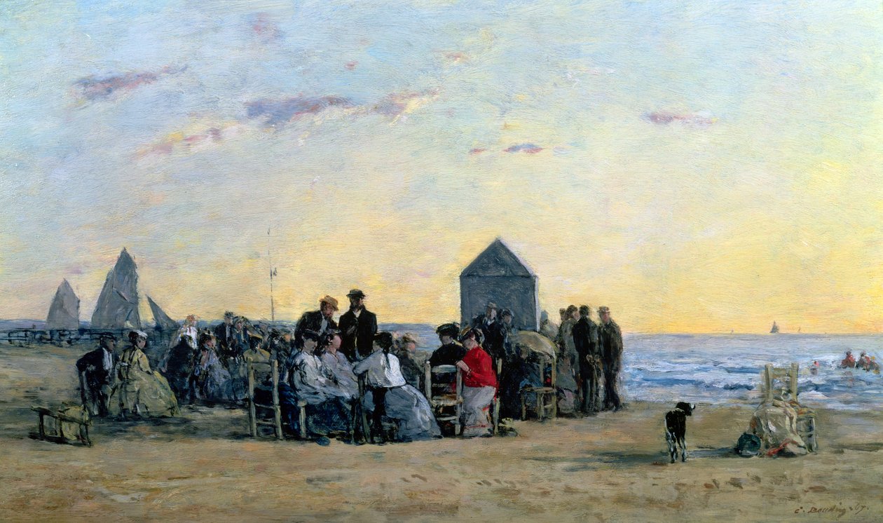 Strandscene ved Trouville - Solnedgang, 1867 av Eugene Louis Boudin