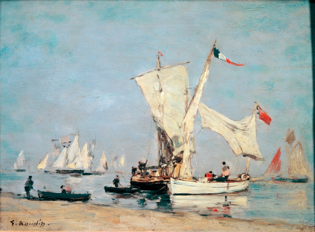 Seilbåter, ca. 1869, Maleri av Eugene Louis Boudin (1824-1898), Søn: 0,24x0,31m, Paris, Musee dOrsay - "" Seilbåter"", ca 1869, Olje på tre av Eugene-Louis Boudin (1824) -1898), søn: 0,24x0,31m, av Eugene Louis Boudin