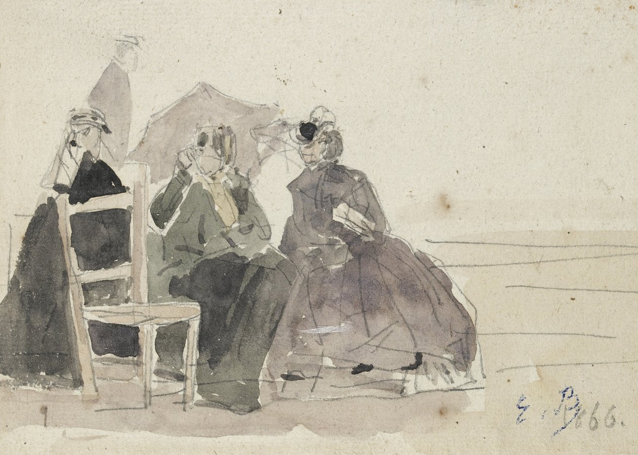 Tre kvinner sitter på stoler på en strand (grafitt på hvitt papir) av Eugene Louis Boudin