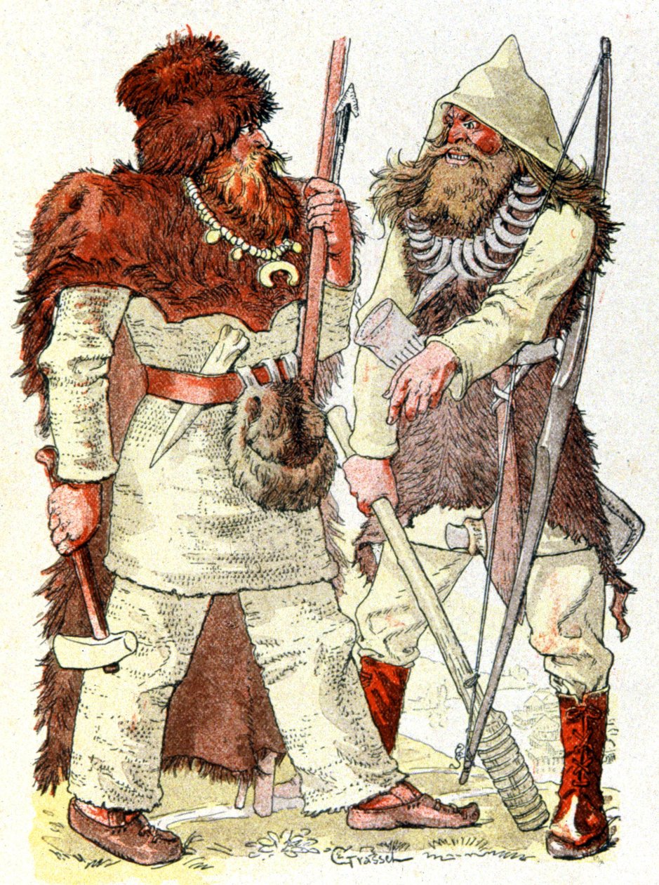 Menn i steinalderen, ca. 1900 (illustrasjon) av Eugene Grasset