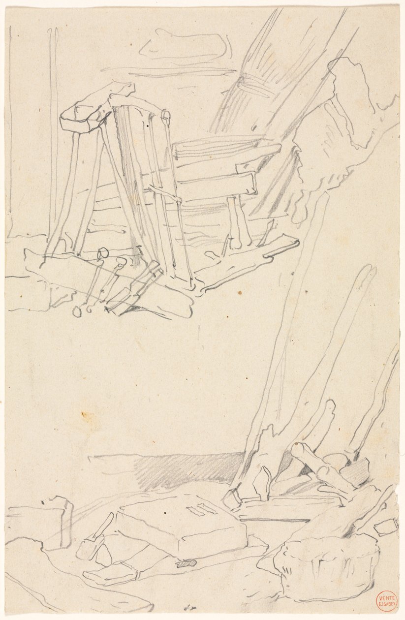 Studier av tre og gårdsredskaper. av Eugene Isabey
